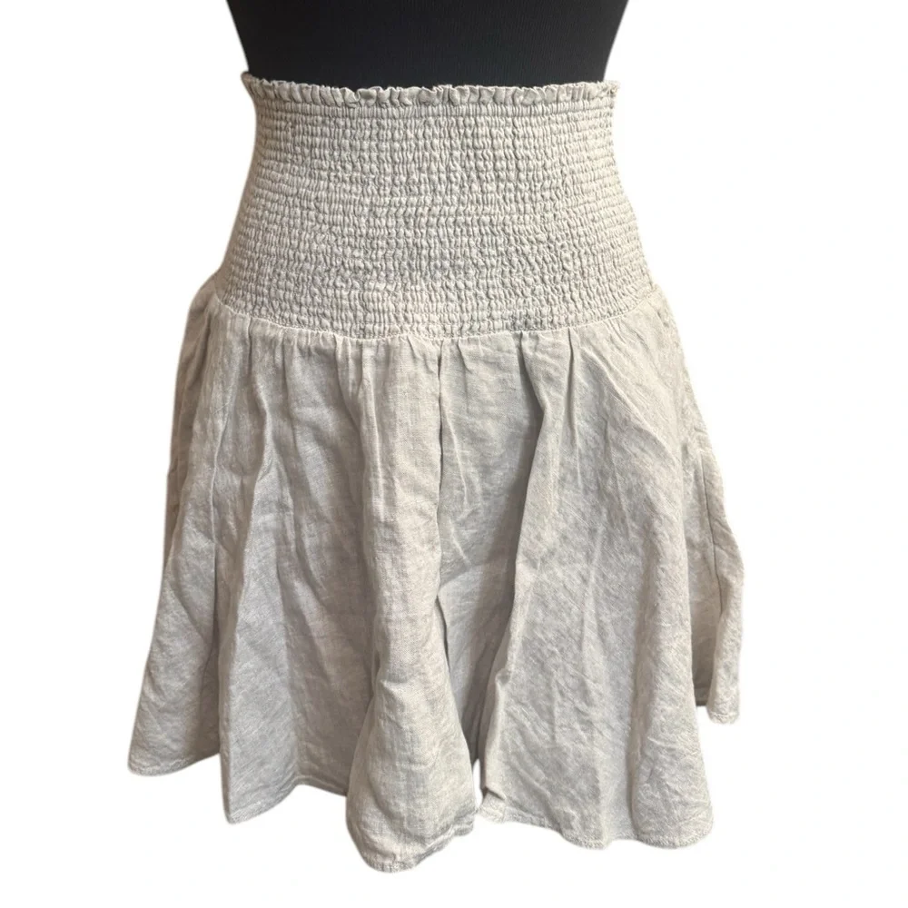 NEW! LINEN J. CREW Smocked Waist Mini Skirt Taupe 100% Linen Taupe Neutral NWT